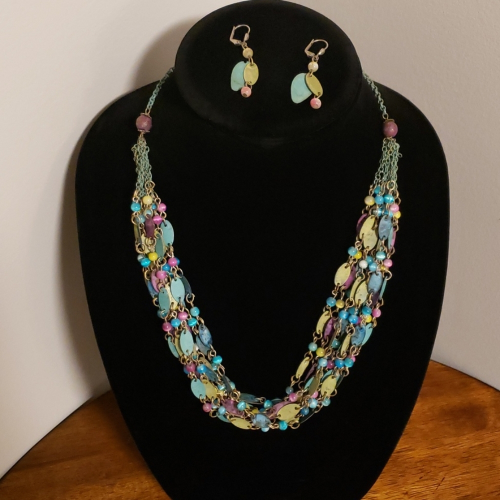 Tri Color multi-strand Necklace and Earrings